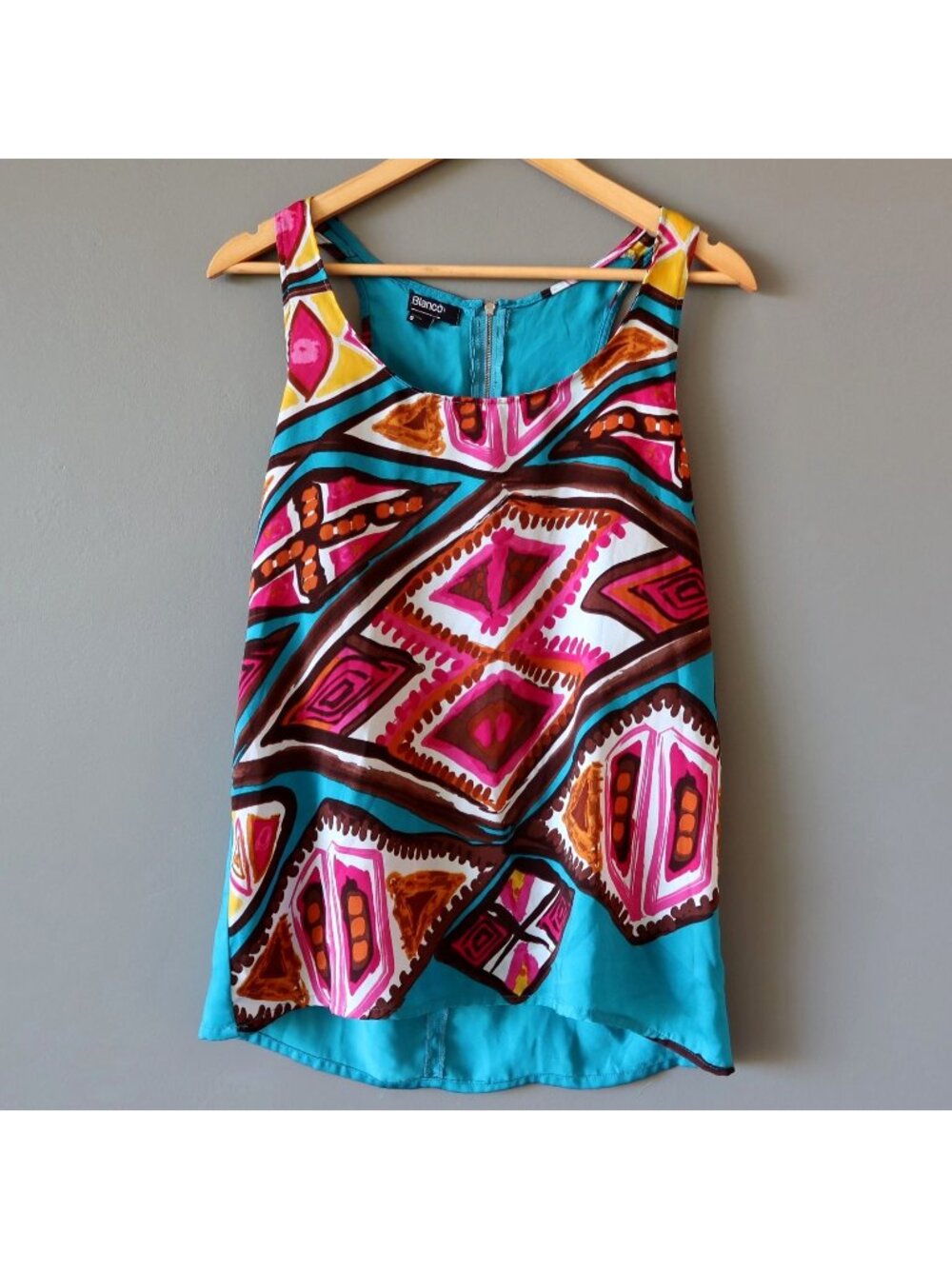 Blanco Geometric Tank Top Womens Small Teal Abstract Tribal Blue Pink